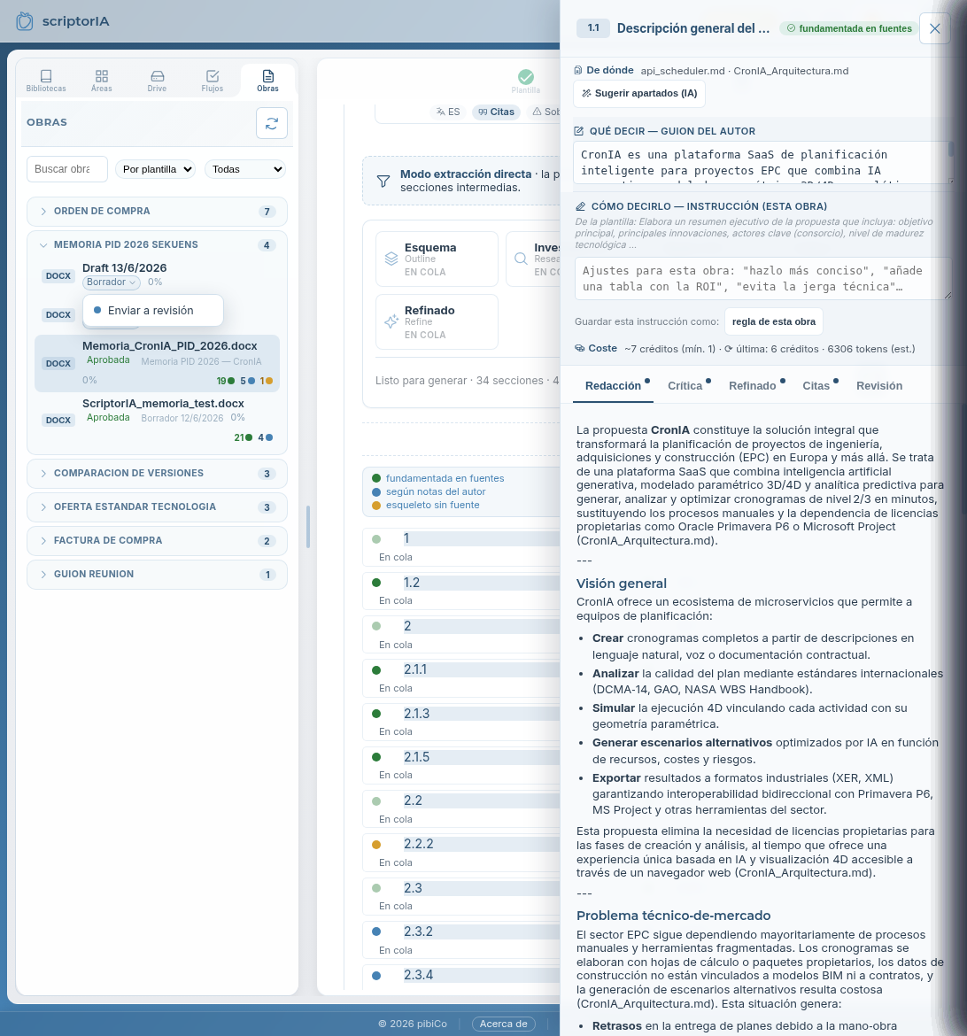 Editor de sección con el contenido generado